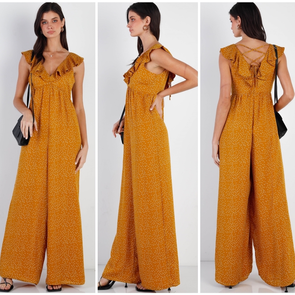 FEW LEFT❗️SUGAR + LIPS Mustard Ditsy Dots Wide Leg Jumpsuit - Picture 2 of 5